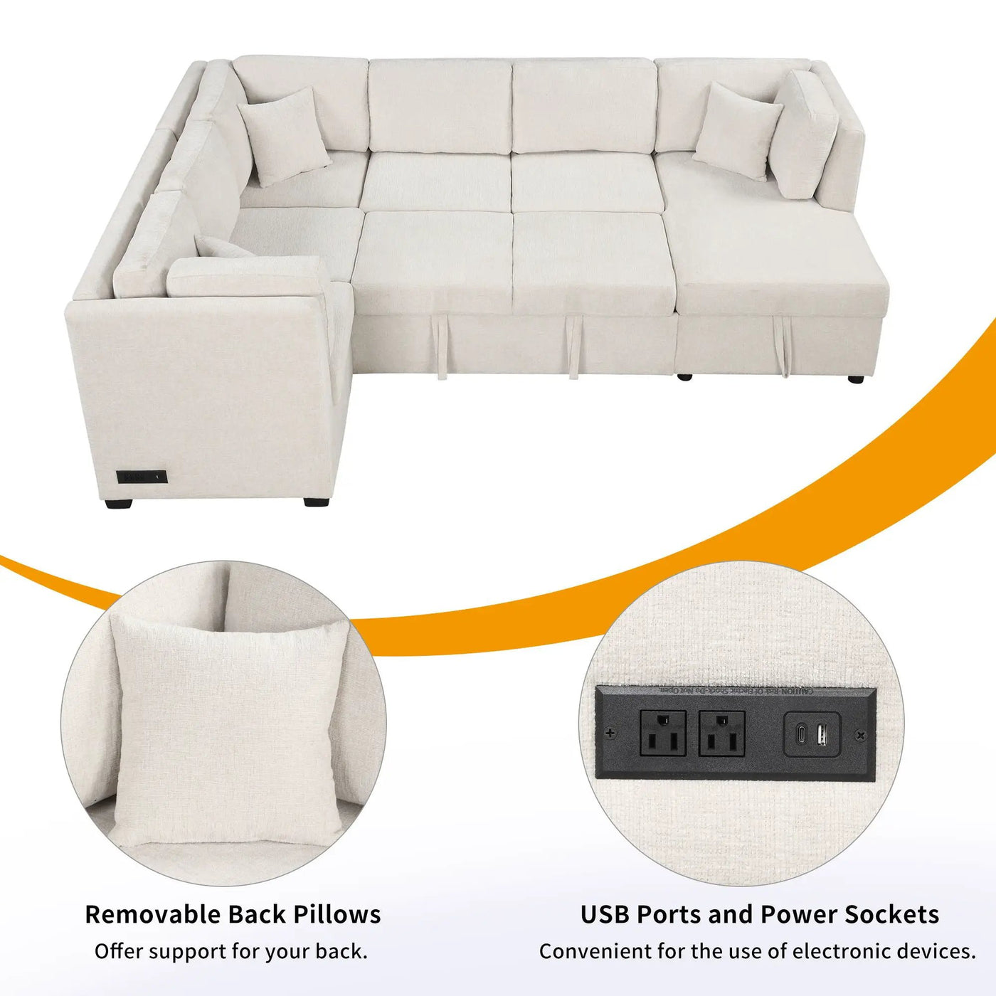 U-Shaped Sectional Sofa Pull Out Sofa Bed With Two USB Ports, Two Power Sockets, Three Back Pillows And A Storage Chaise For Living Room by Unique Piece Furniture