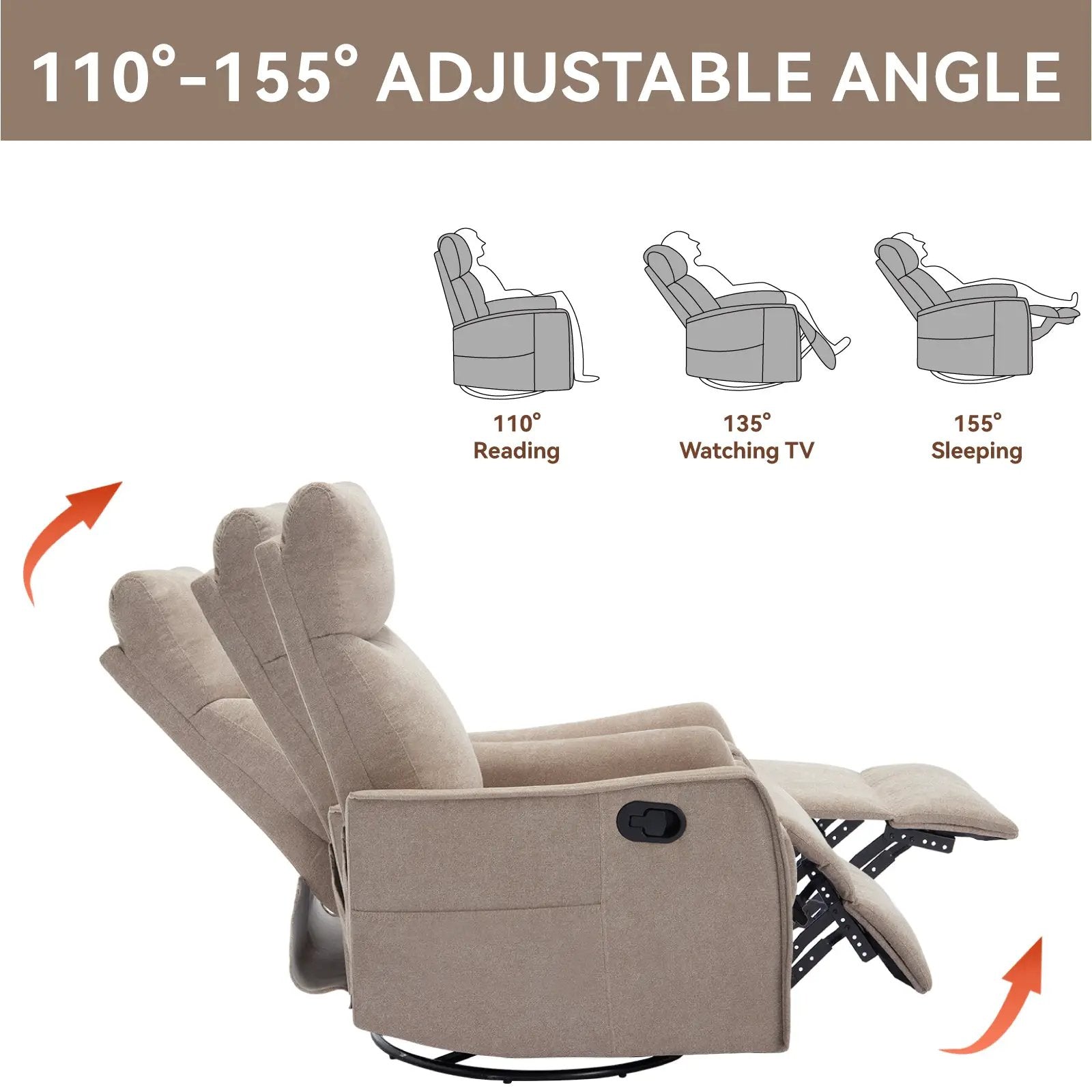 Heat Massage Manual Recliner Chair with Rocker and Swivel in Khaki by HouseOfZazla