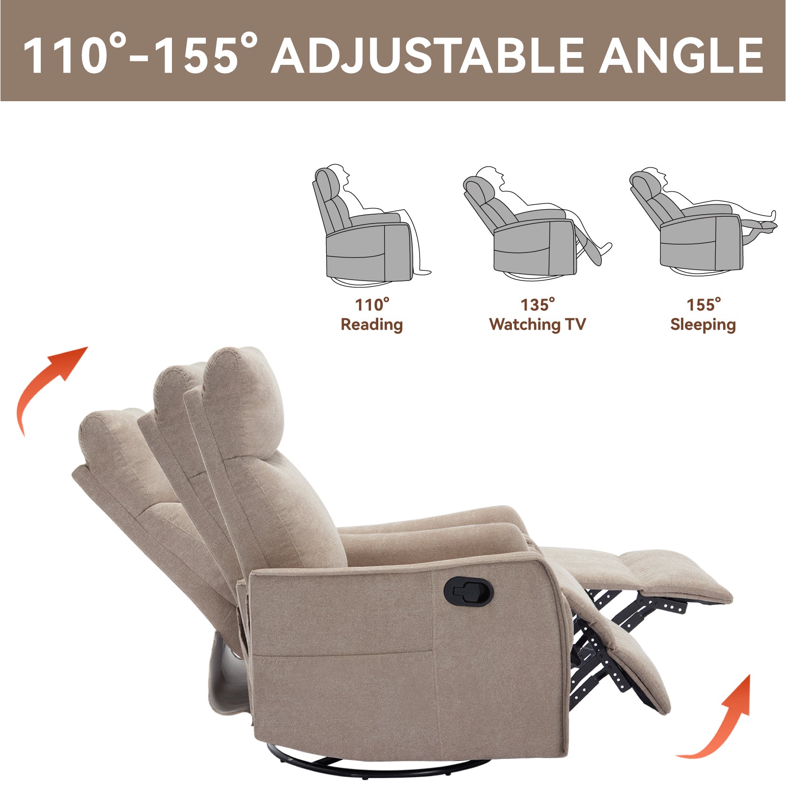 Heat Massage Manual Recliner Chair with Rocker and Swivel in Fabric for Living Room, Khaki by HouseOfZazla