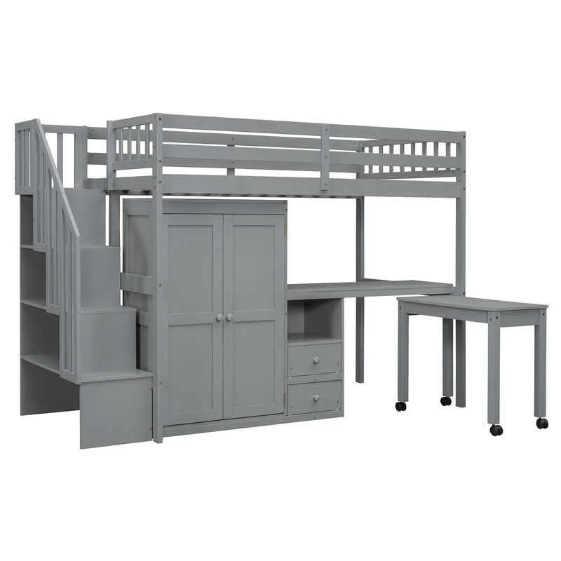 Loft Bed With Stairs, Bookshelf, Drawers, Desk & Wardrobe, Space Saving Multifunctional Furniture by HouseOfZazla