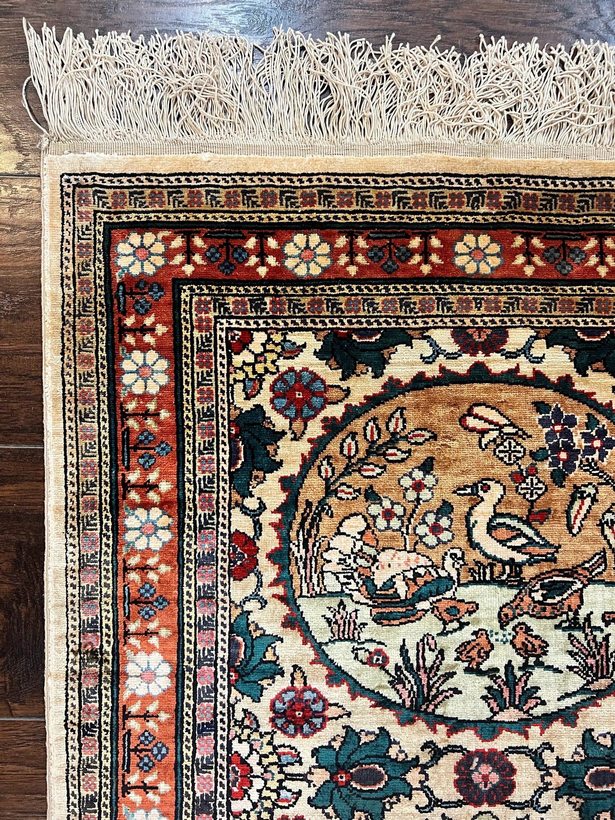 Silk Turkish Rug 2x4, Fine Handmade Oriental Rug, Animal Pictorial Birds Silk Pile on Silk Foundation Vintage Hand Knotted Hereke Carpet by Jewel Rugs