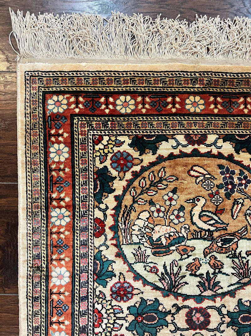 Silk Turkish Rug 2x4, Fine Handmade Oriental Rug, Animal Pictorial Birds Silk Pile on Silk Foundation Vintage Hand Knotted Hereke Carpet by Jewel Rugs