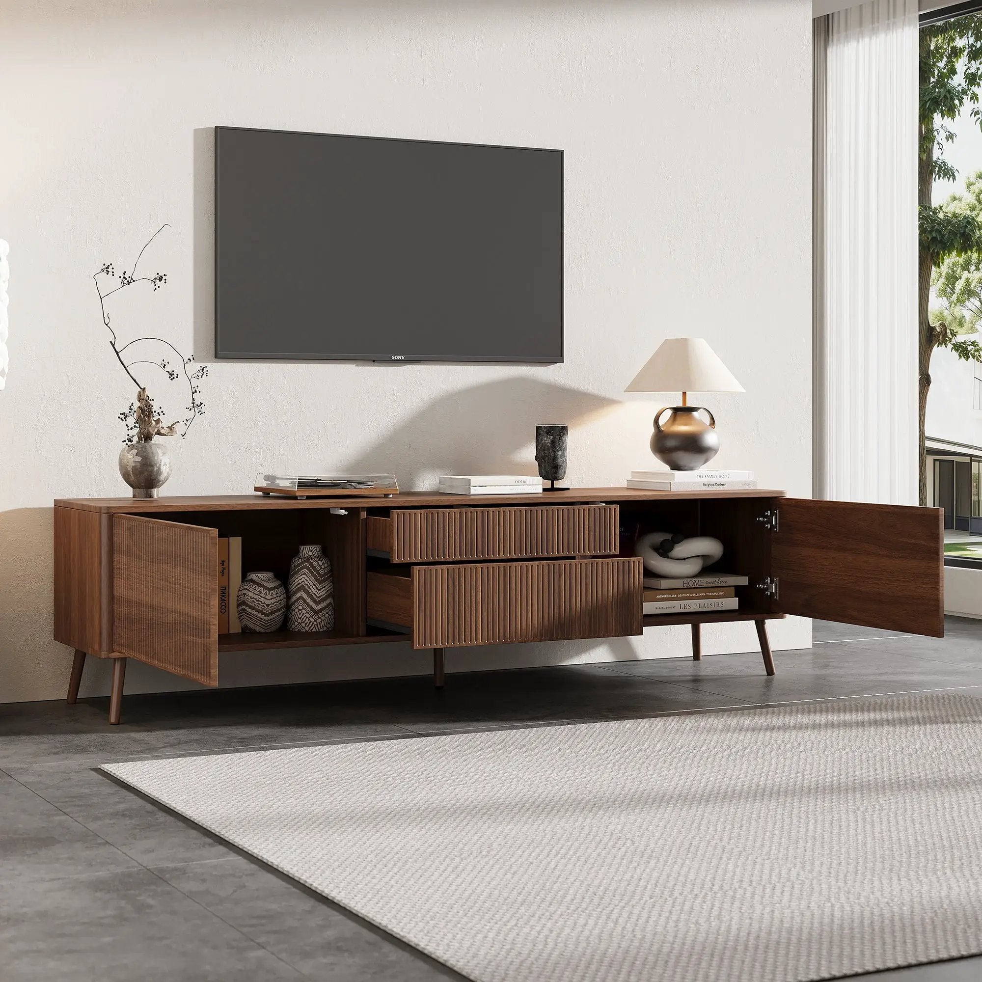 Fluted TV Stand With Storage Drawers And Cabinets For TVs Up To 80", Soft-Close Hinges, Cable Management - Walnut by HouseOfZazla