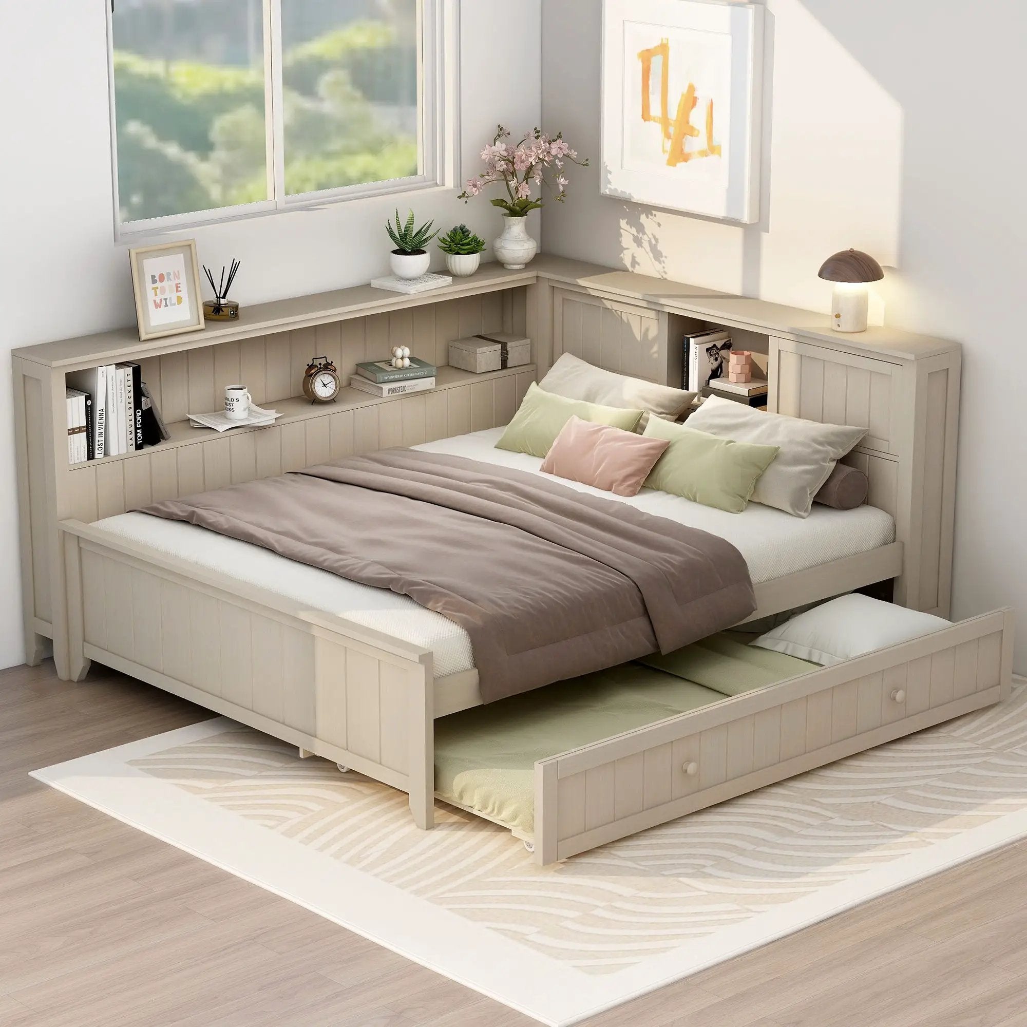 Full Size Daybed With Storage Shelves And Trundle - Ancient White by Unique Piece Furniture