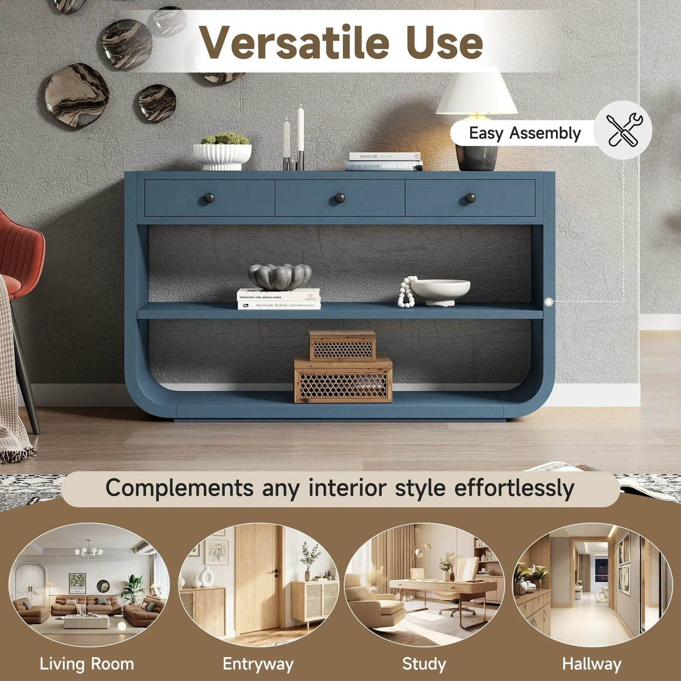Console Table With 3 Soft Close Drawers & 2 Open Shelves by HouseOfZazla