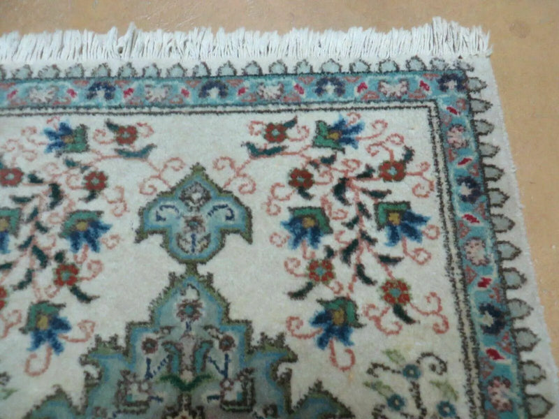 1' 9" X 2' 5" Handmade Indian Wool Rug Lahore Floral Design Small Oriental Rug Beige & Teal by Jewel Rugs