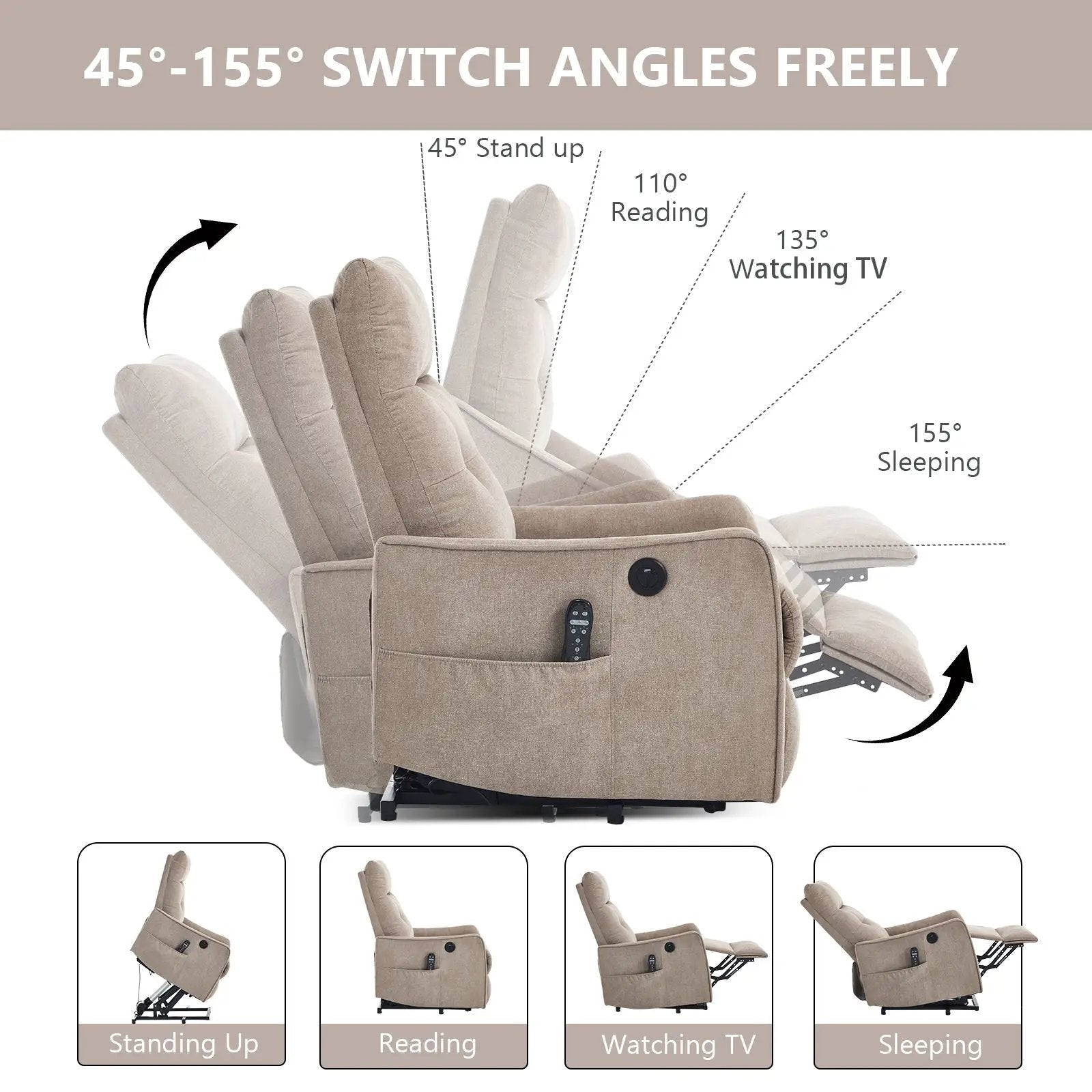 Khaki Chenille Power Lift Recliner Chair with Massage and Heat by HouseOfZazla
