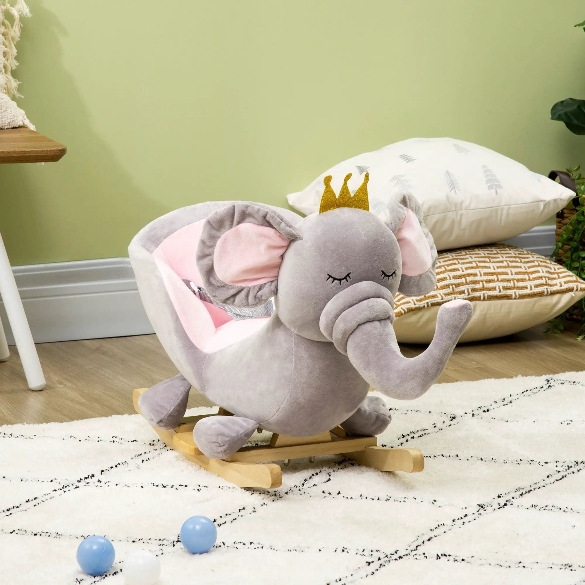 Qaba - Baby Rocking Horse Elephant Rocking Chair Toddler Rocker Toy With Sound Wooden Base Seat Safety Belt For 1.5-3 Year Old - Gray by Unique Piece Furniture
