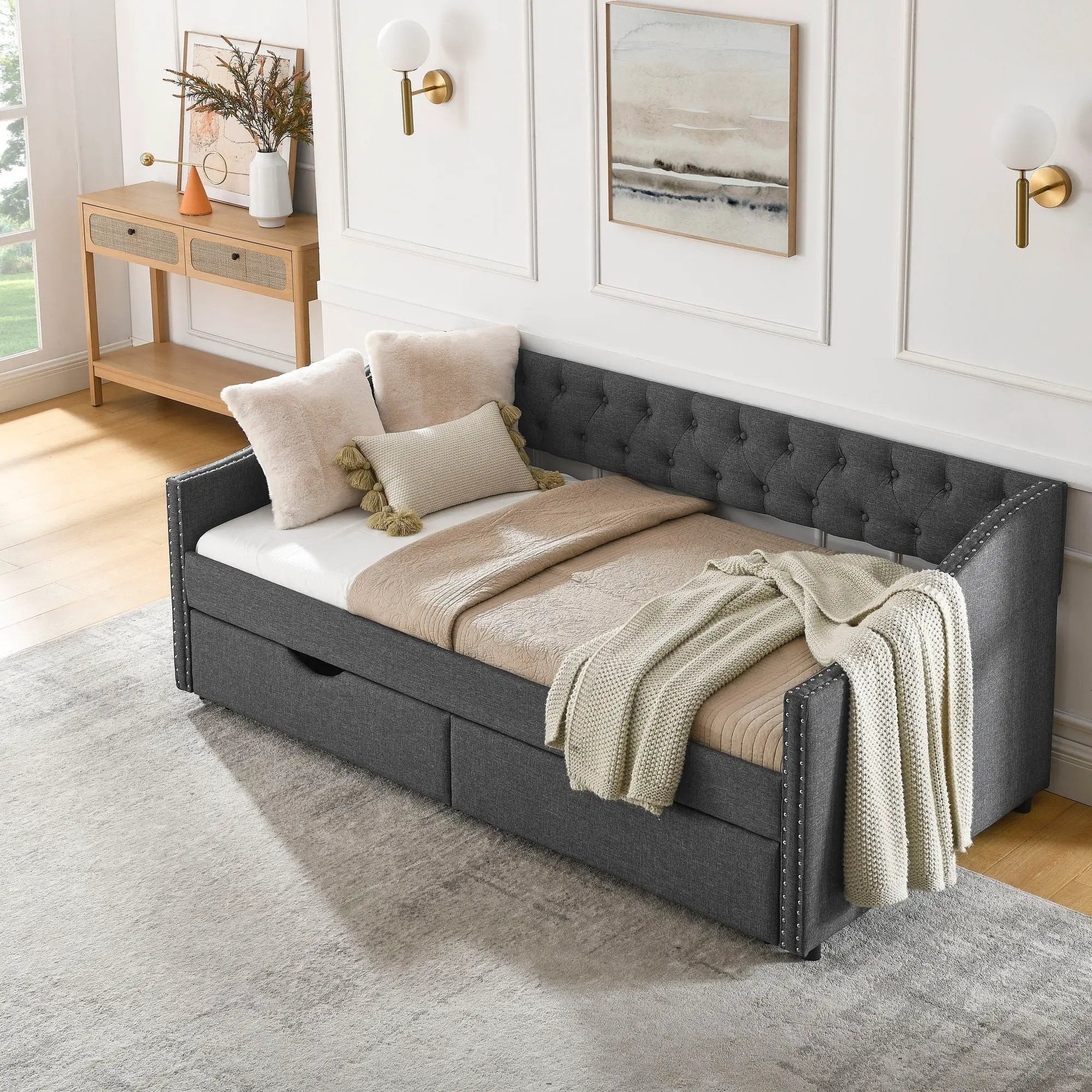 Upholstered Tufted Daybed With 2 Drawers, Waved Arms by Unique Piece Furniture