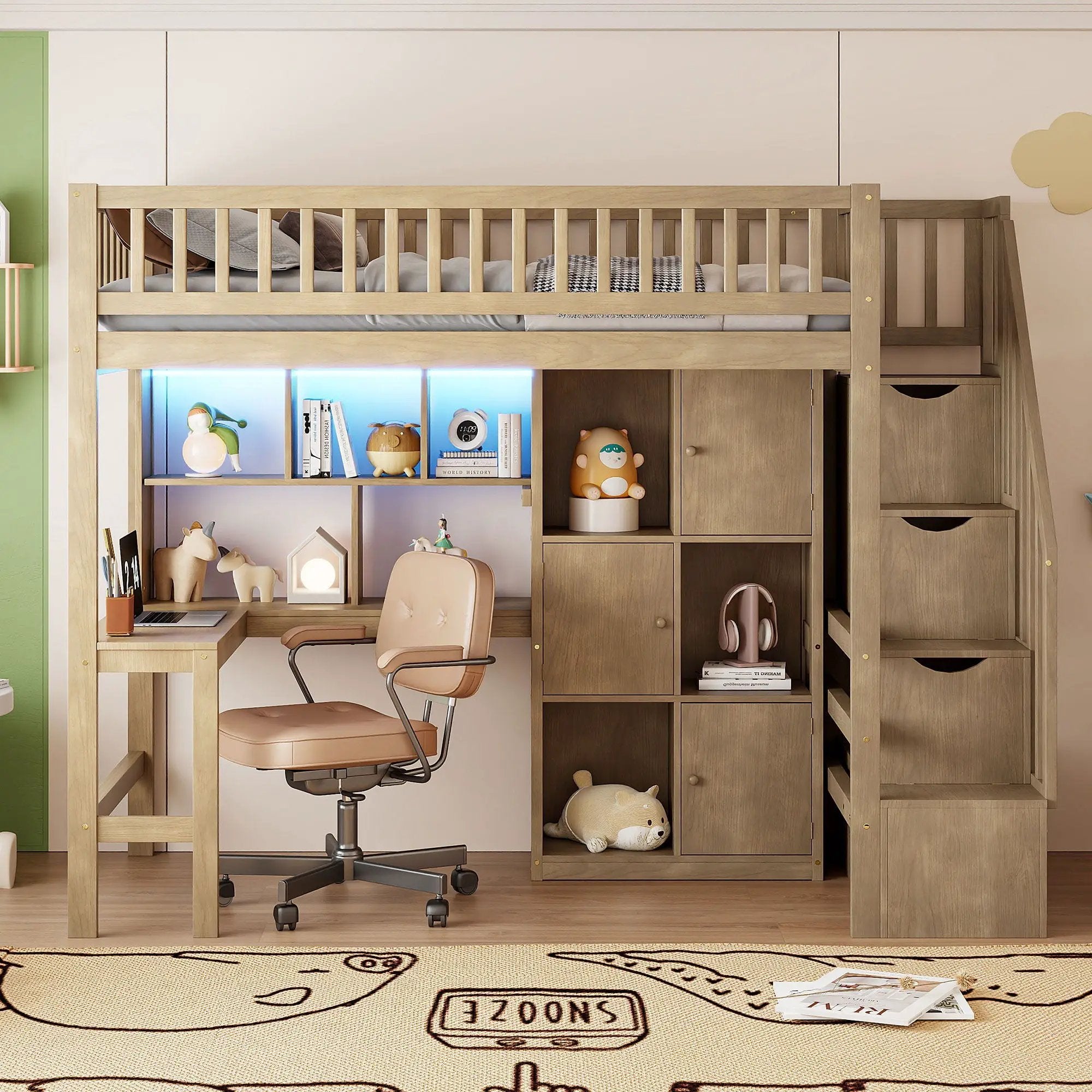 Loft Bed With Built In L Shaped Desk, LED Lights, Storage Shelves, Cabinets, And Staircase by Unique Piece Furniture