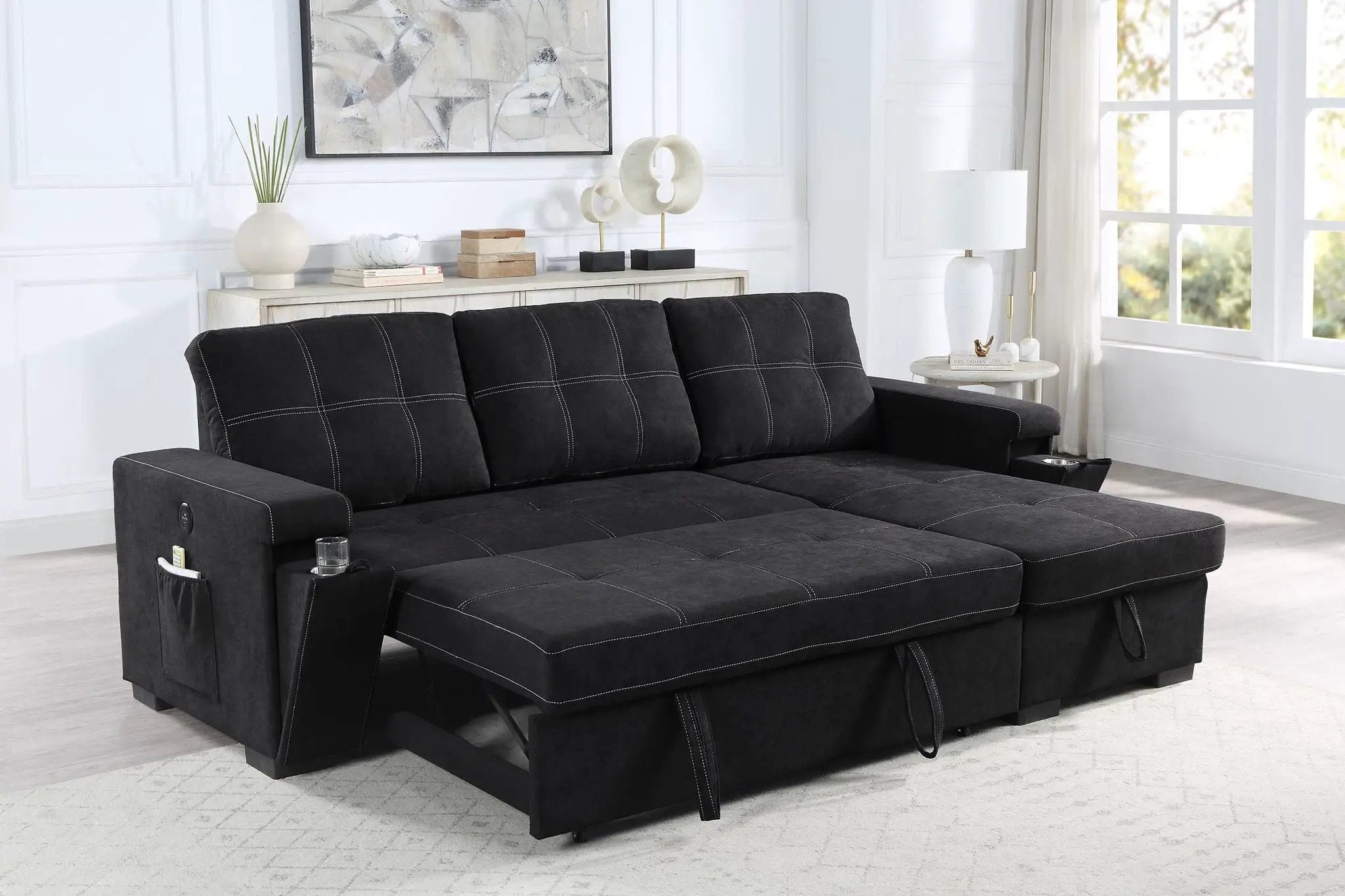 Toby - Woven Fabric Reversible Sleeper Sectional Sofa With Storage Chaise Cup Holder Charging Ports And Pockets by Unique Piece Furniture