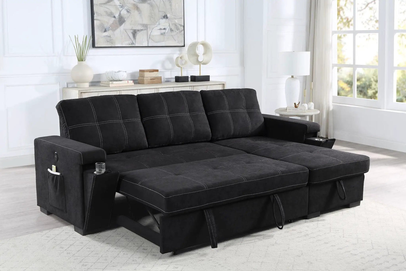 Toby - Woven Fabric Reversible Sleeper Sectional Sofa With Storage Chaise Cup Holder Charging Ports And Pockets by HouseOfZazla