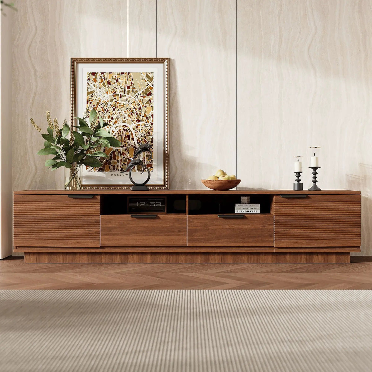 TV Stand, Entertainment Center With Deep Drawers, Cable Management & Soft Closing Hinges by Unique Piece Furniture