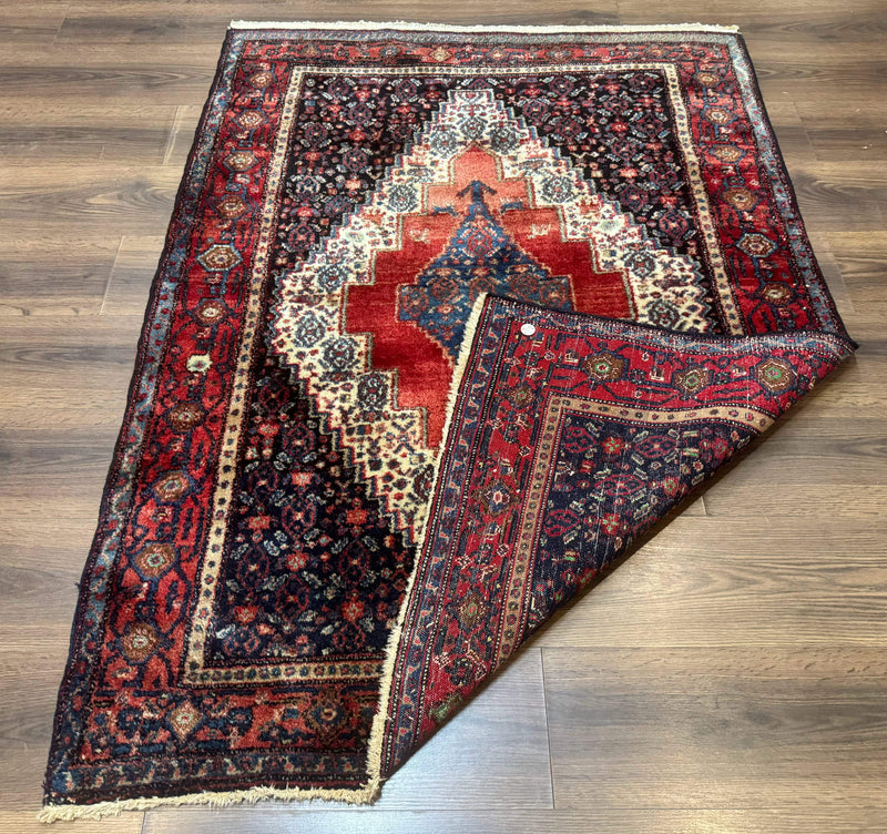 Antique Persian Kurdish Senneh Rug 4x5 Tribal Carpet Wool Geometric Medallion by Jewel Rugs