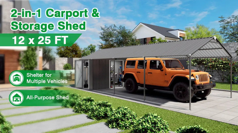 12x25 FT Galvanized Steel Carport with Shelter and Shed by HouseOfZazla