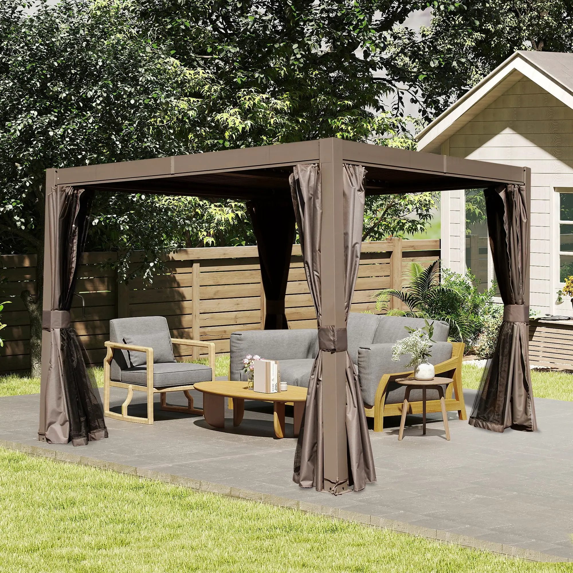 10x10 FT Outdoor Louvered Pergola with Adjustable Louvers - Brown by HouseOfZazla