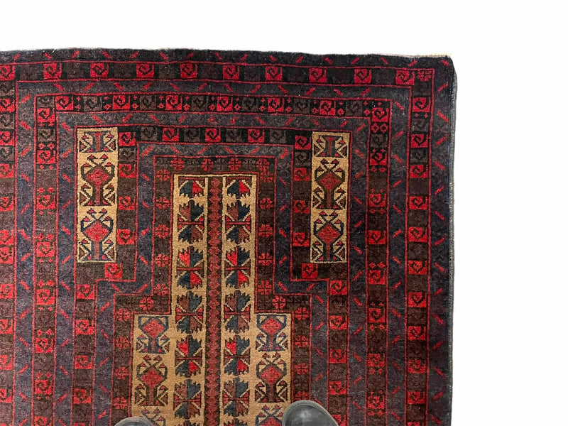 3 X 3.5 New Vintage Handmade Wool Rug Tribal Turkoman Balouch Red Prayer Rug by Jewel Rugs