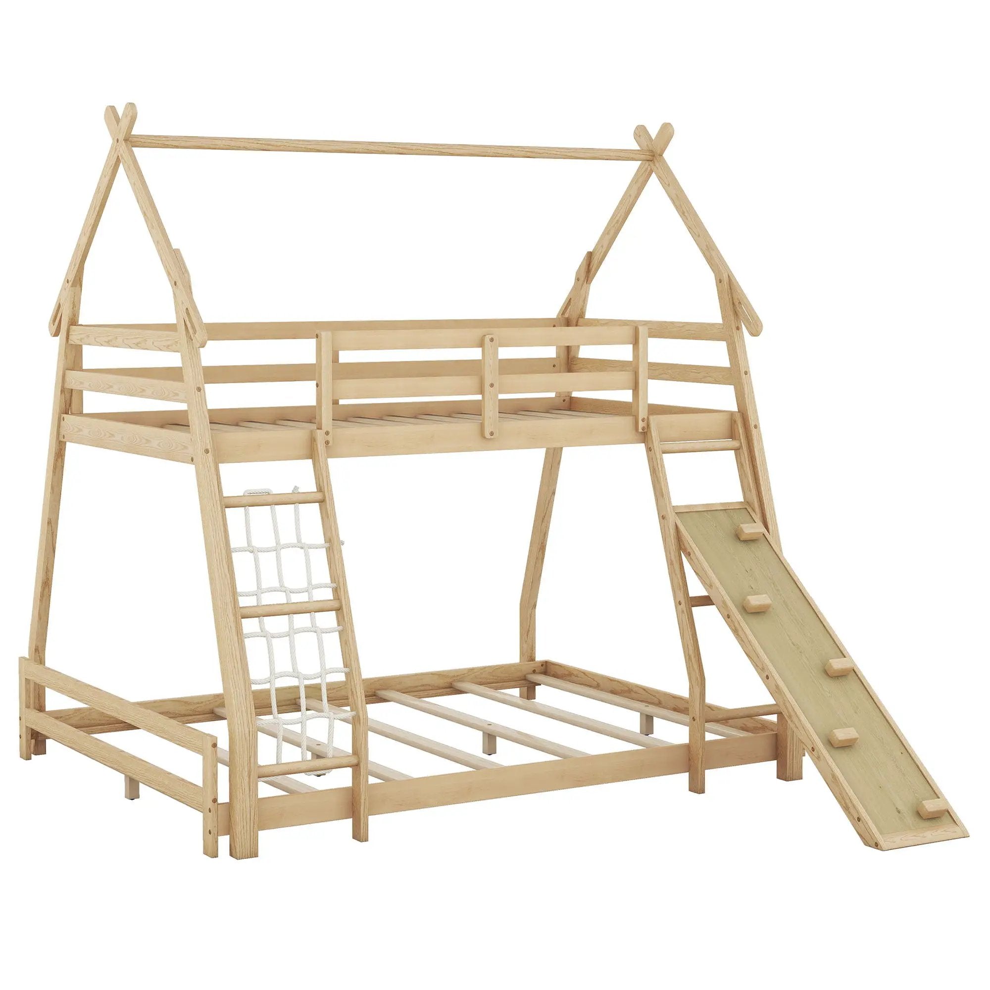 Twin Over Queen House Bunk Bed With Climbing Nets And Climbing Ramp by Unique Piece Furniture