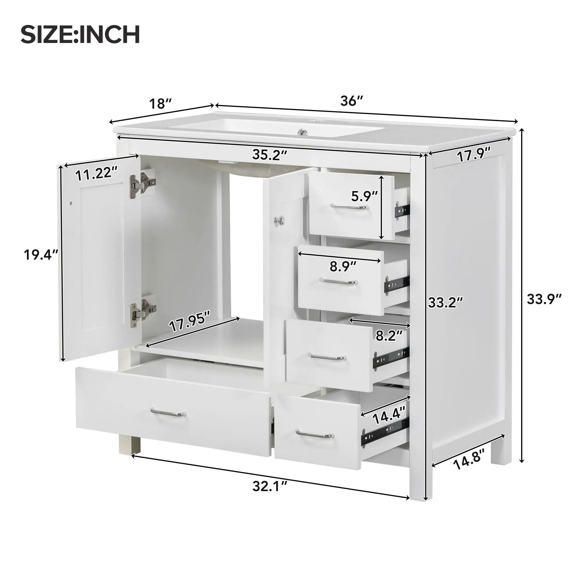 Bathroom Vanity With Ceramic Sink Combo, Abundant Storage Cabinet 2 Soft Close Doors And 5 Drawers by HouseOfZazla