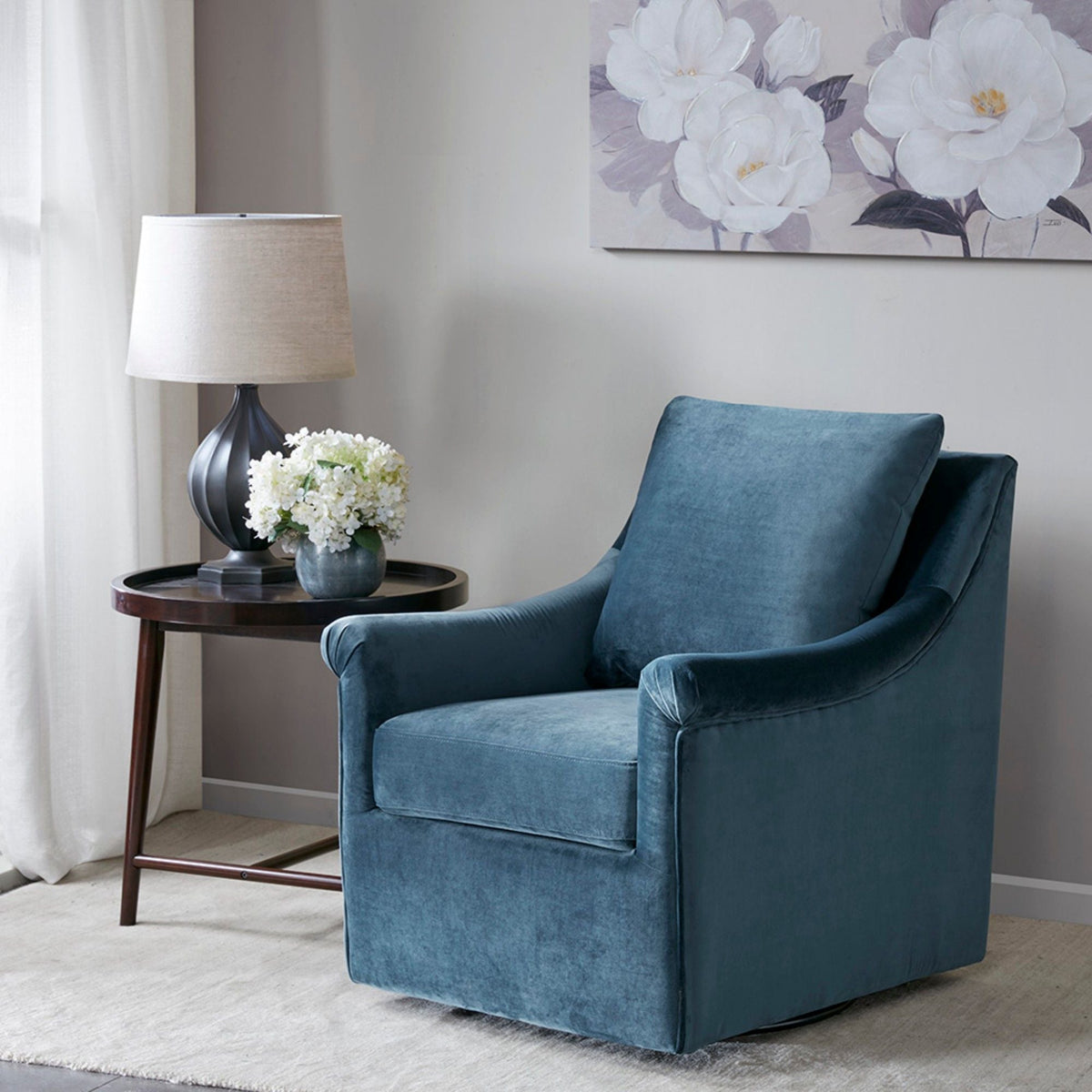Swivel Chair With Curved Arms and Straight Back – Blue Velvet, photo 4 of 7