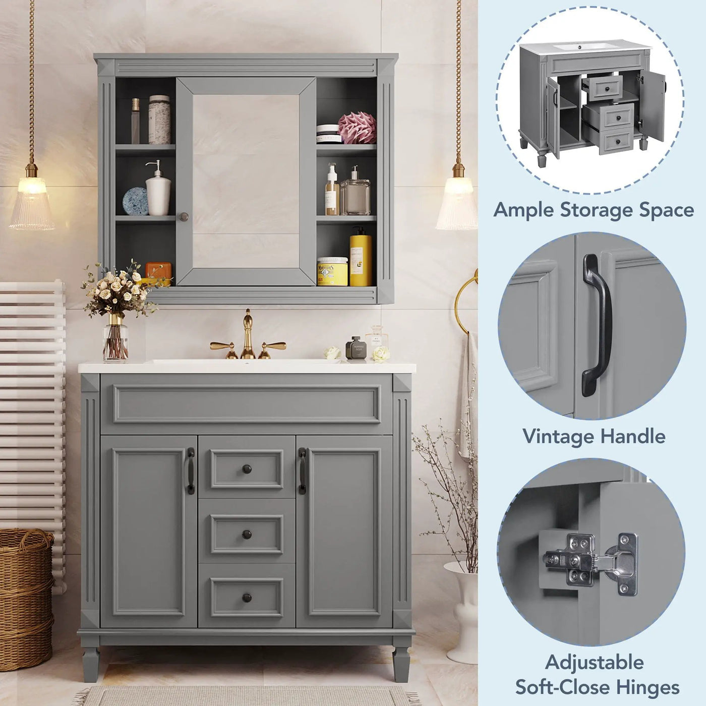 Bathroom Vanity With Top Sink, Mirror Cabinet, 2 Soft Closing Doors & 2 Drawers by Unique Piece Furniture