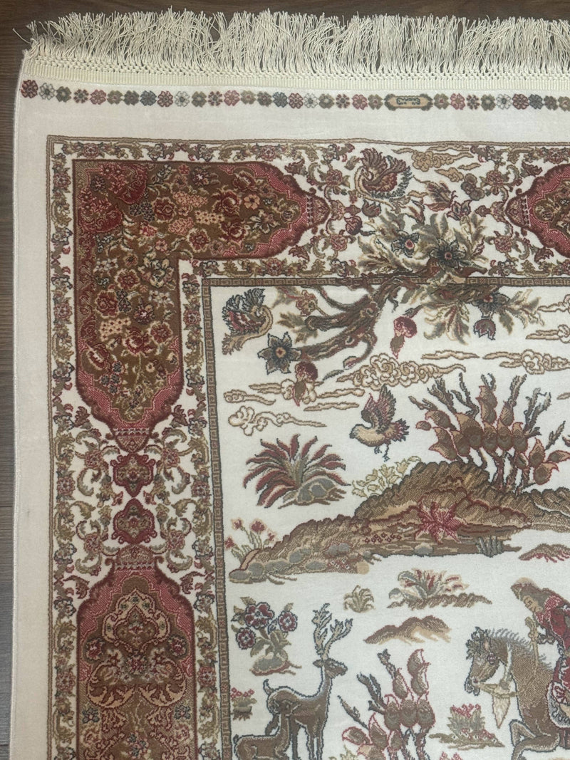 Long Turkish Silk Runner Rug 2.6 x 16.5, Hunting Design, Ivory, Bamboo Silk, New by Jewel Rugs