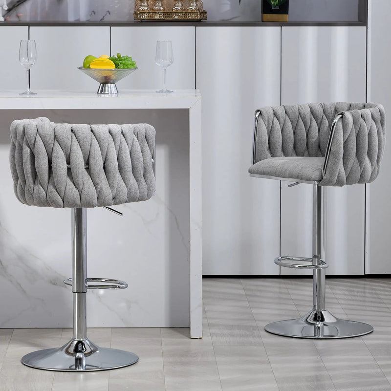 360 Degree Swivel Bar Stools Adjustable Counter Height Bar Chairs With Woven Back & Footrest, Silver Chromed Bar Stools For Kitchen Island (Set of 2) - Gray by HouseOfZazla