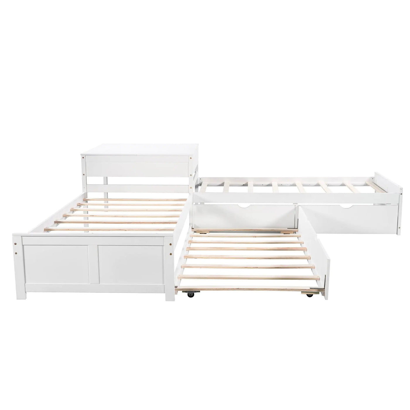 L Shaped Platform Bed With Trundle And Drawers Linked With Built In Desk by HouseOfZazla