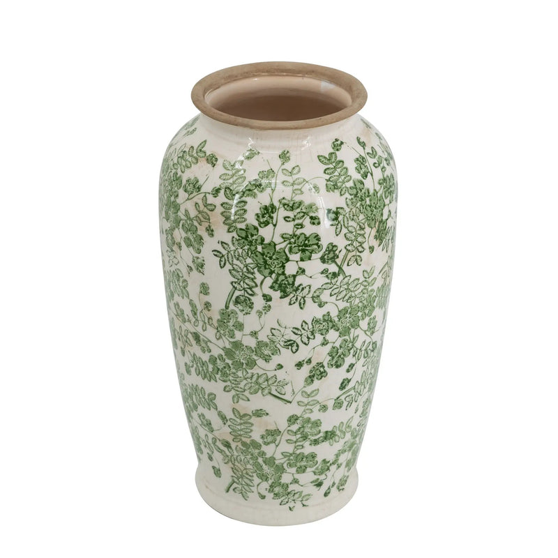 7.7x7.7x14.6' White Ceramic Flower Vase with Green Floral Pattern by HouseOfZazla