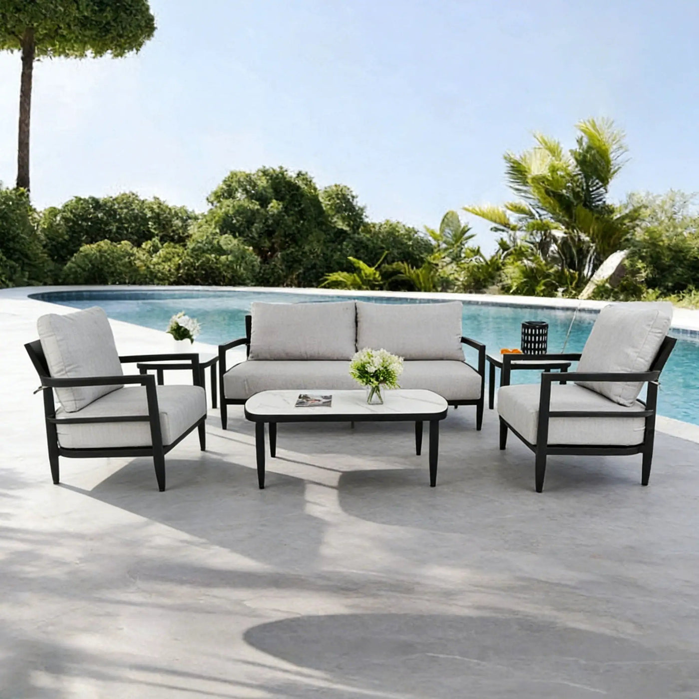 Outdoor Conversation Set With Chairs, Bench Sofa, Tables, Sunbrella Cushions by HouseOfZazla