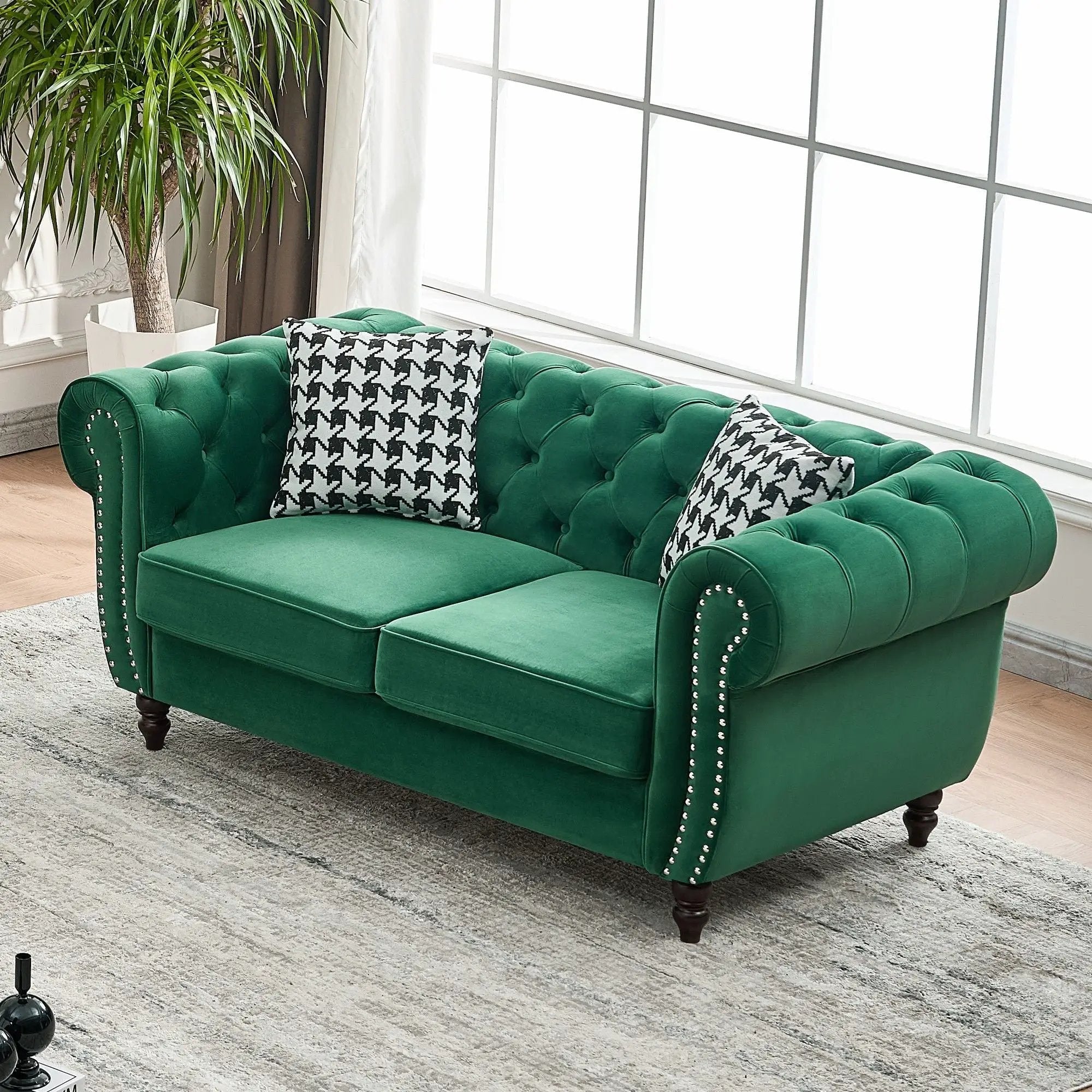 Chesterfield Fabric Sofa With Roll Armrest And Nailhead, Mid Century 2 Seater Couch by Unique Piece Furniture