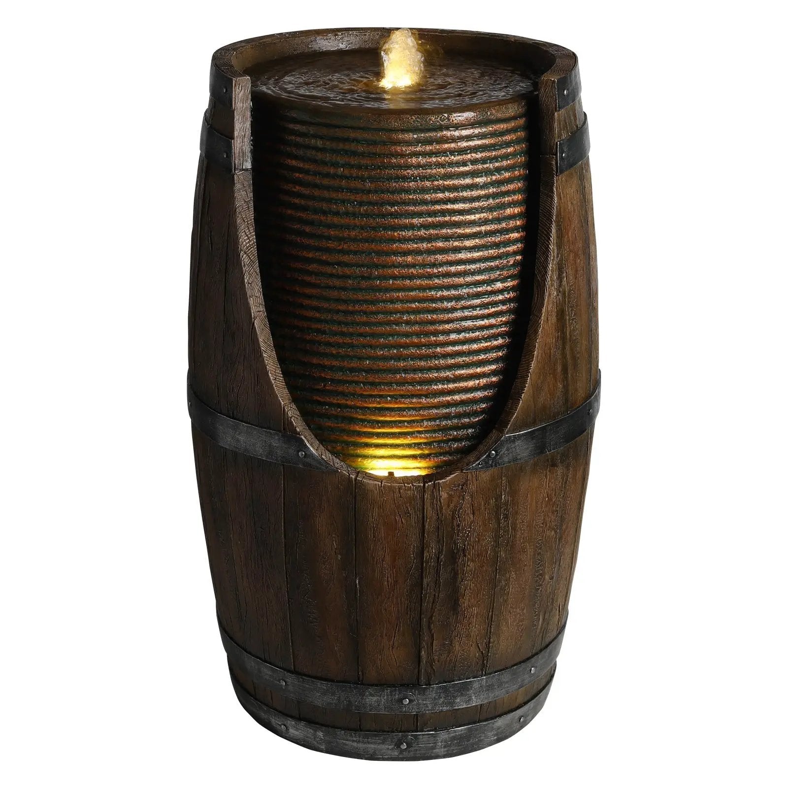 Outdoor Barrel Water Fountain with Rustic Wood Look Resin by HouseOfZazla