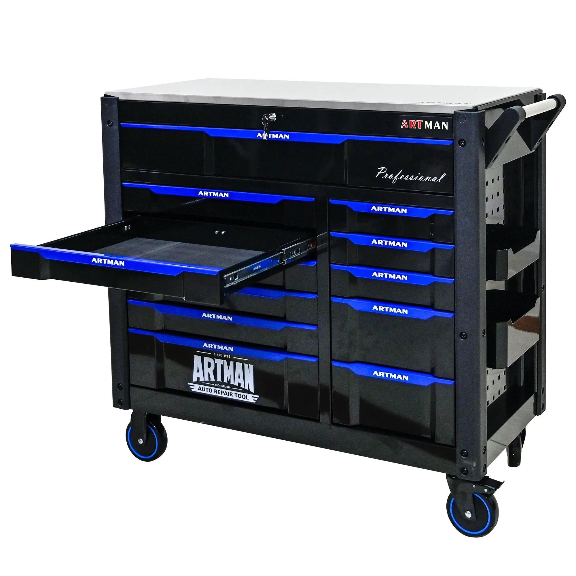 12 Layer Drawer Multi Purpose Tool Cart With Wheels And Iron Top - Black / Blue by HouseOfZazla