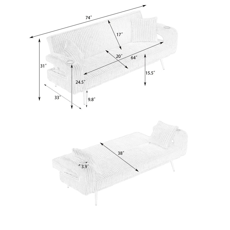 74.01 Inch Corduroy Sofa Bed with Pillows by HouseOfZazla