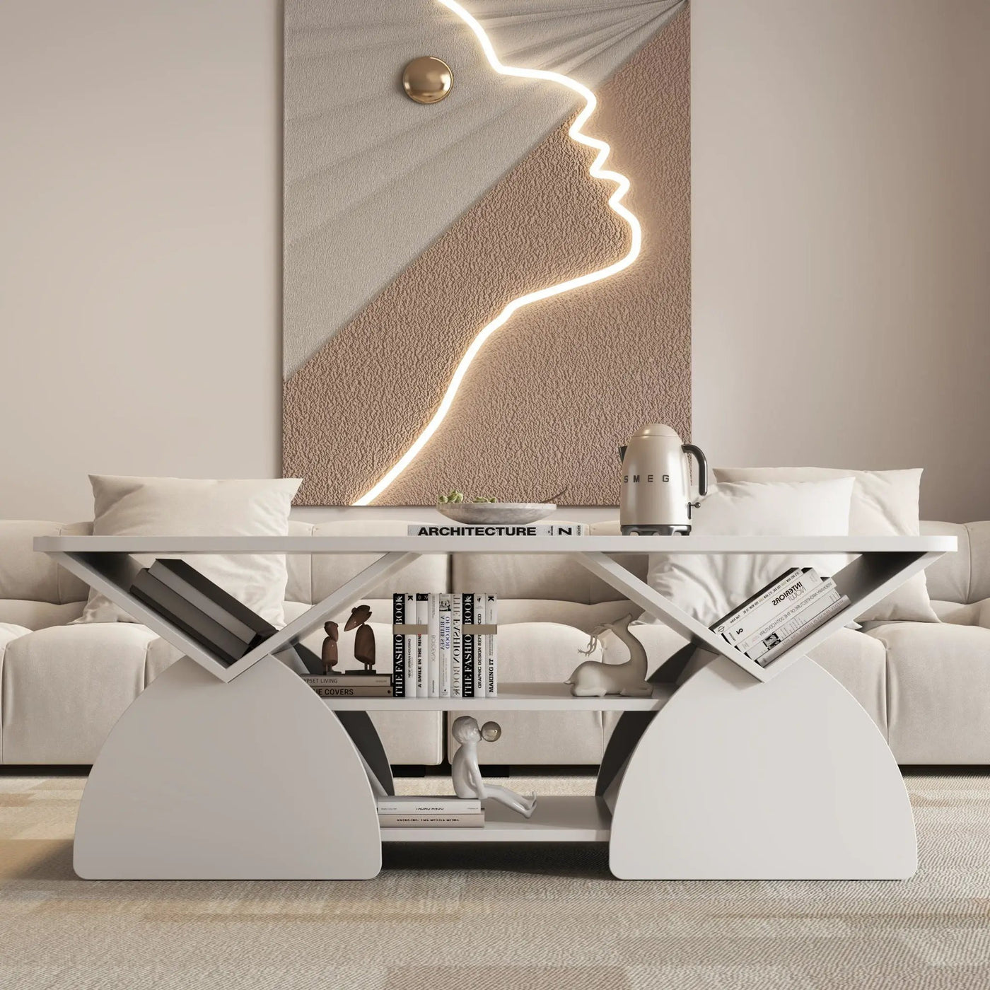 Geometric Engineered Coffee Table with Rounded Corners and Open Shelves by HouseOfZazla
