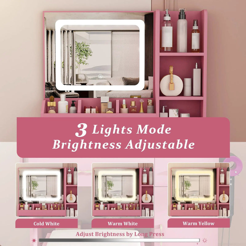 Vanity Desk With LED Mirror Lights And Power Outlet Charging Station, 3 Drawers, 7 Shelves, Storage Stool - Pink by HouseOfZazla