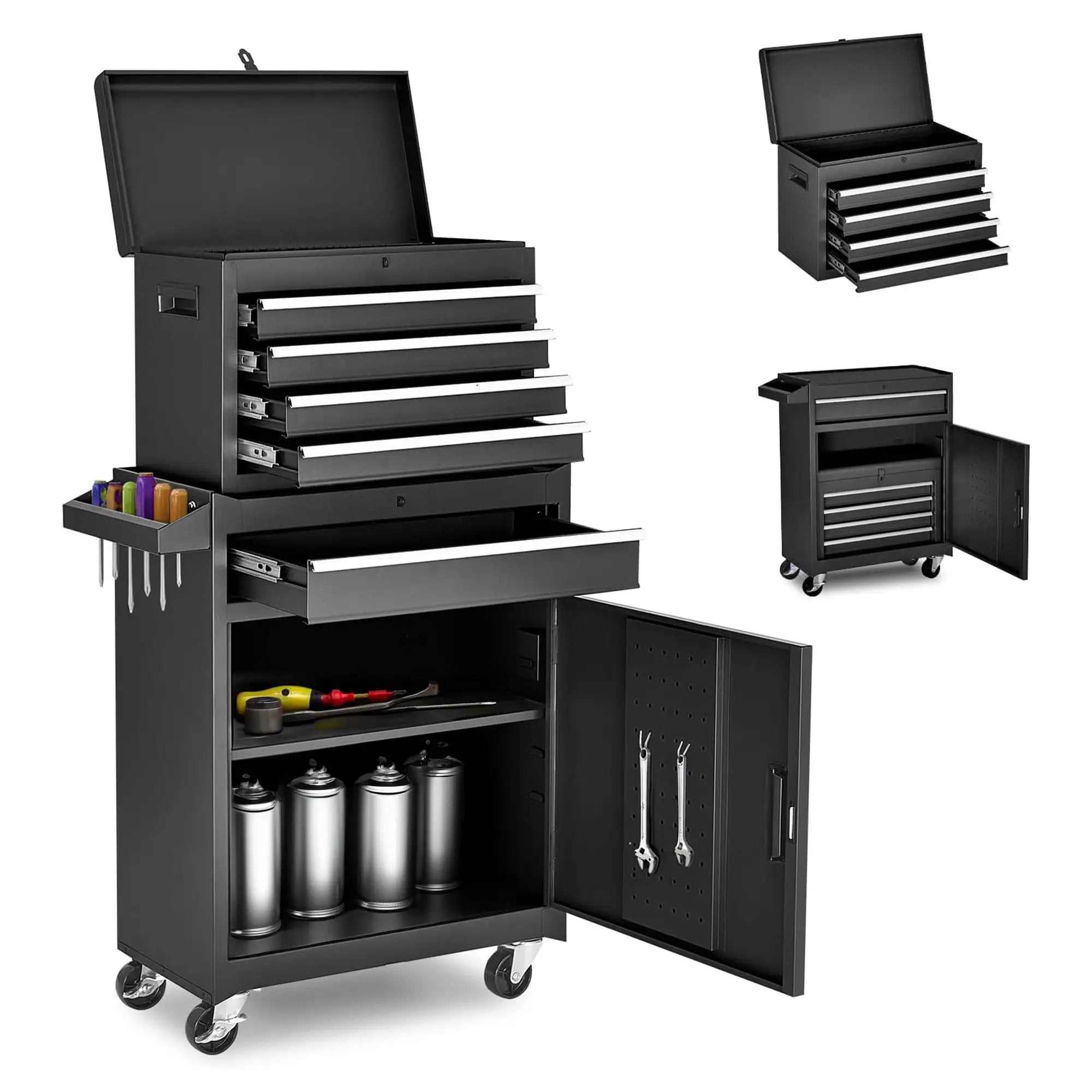 Tool Chest, 5 Drawer Rolling Tool Storage Cabinet With Detachable Top Tool Box, Liner, Universal Lockable Wheels, Adjustable Shelf, Locking Mechanism, Metal Tool Cart For Garage Workshop by HouseOfZazla