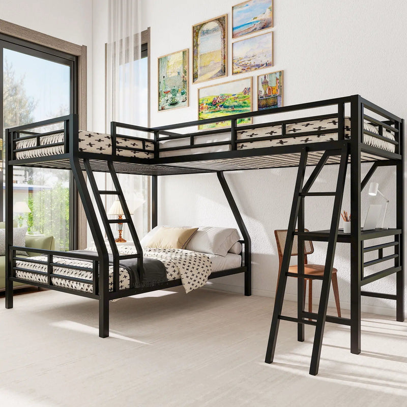 Twin Over Full Bunk Bed With Loft And Desk, L-Shaped Design For 3 Sleepers - Black by HouseOfZazla