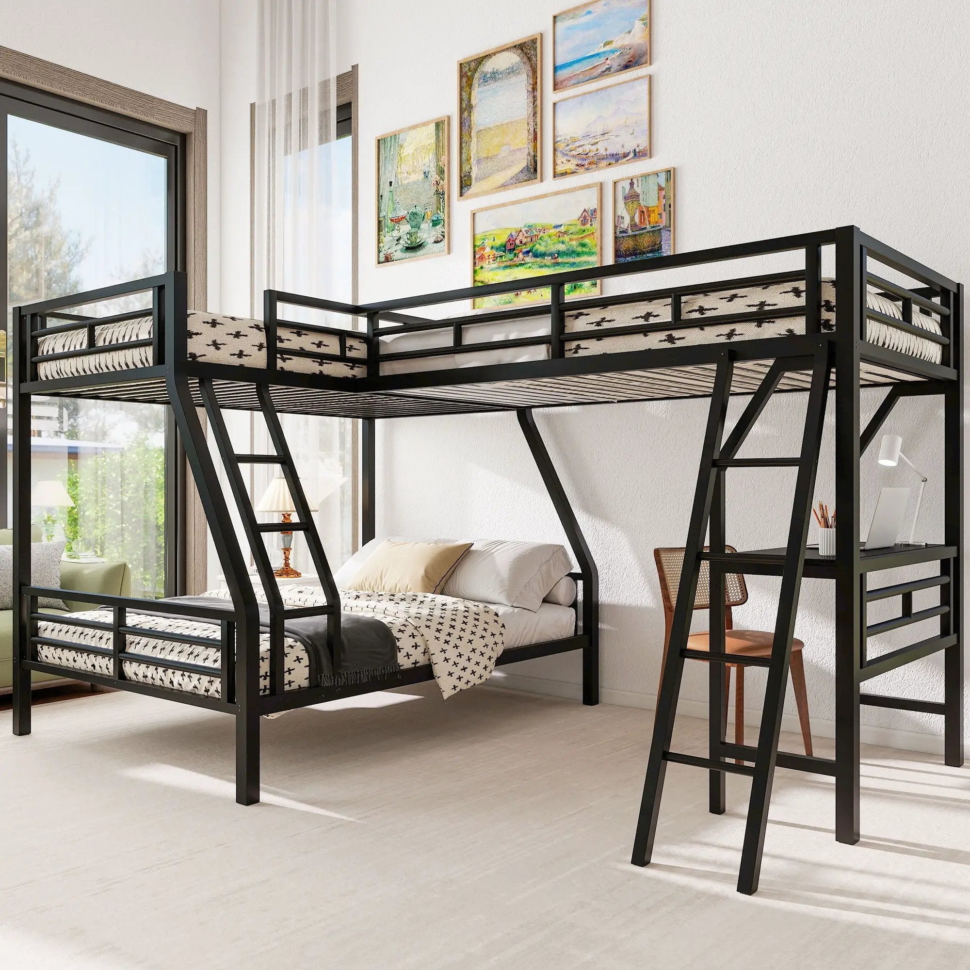 Twin Over Full Bunk Bed With Loft And Desk, L-Shaped Design For 3 Sleepers - Black by Unique Piece Furniture
