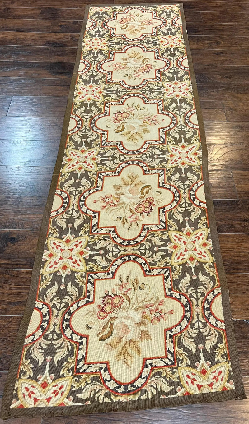 Needlepoint Runner Rug 2.8 x 9.8, Brown and Beige, Handwoven Handmade Floral French European Design, Vintage Flatweave 10ft Wool Runner Rug by Jewel Rugs