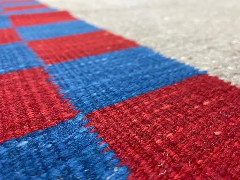 Gray Turkish Kilim Carpet 5' 7" x 7' 7", Medium Kilim Rug, Hand-Knotted, Blue & Red Border, Minimalistic Design, Geometric, Wool, New by Jewel Rugs