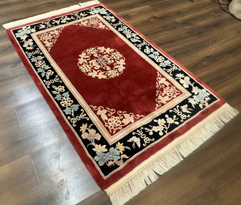 Dark Red Chinese Wool Rug 4x6, Chinese 90 Line Rug, Carving Rug, Handmade, Pair B by Jewel Rugs
