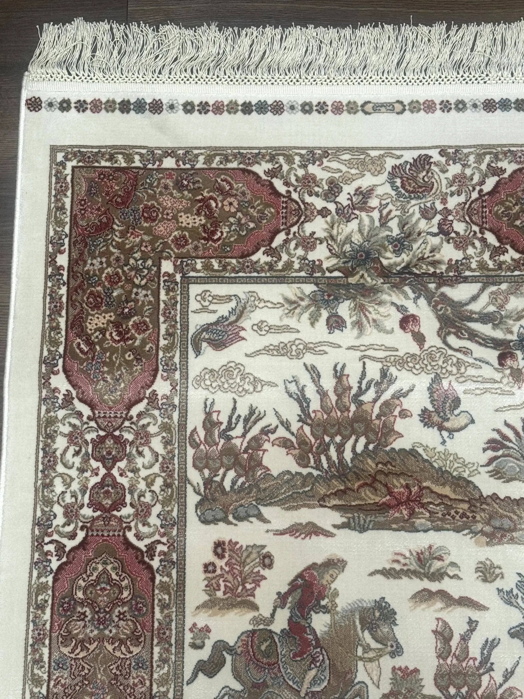 Turkish Silk Runner Rug 2.6 x 8, Hunting Design, Ivory, Bamboo Silk, New by Jewel Rugs