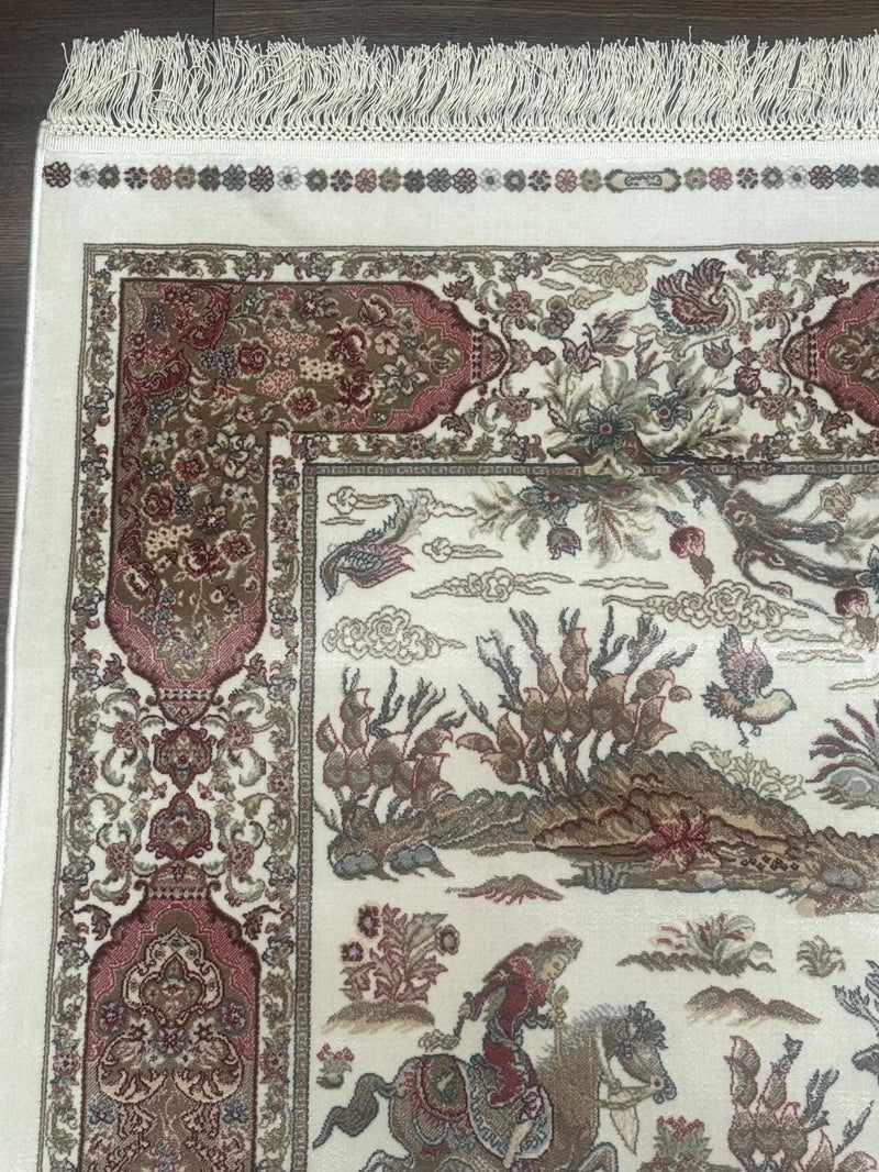 Turkish Silk Runner Rug 2.6 x 8, Hunting Design, Ivory, Bamboo Silk, New by Jewel Rugs