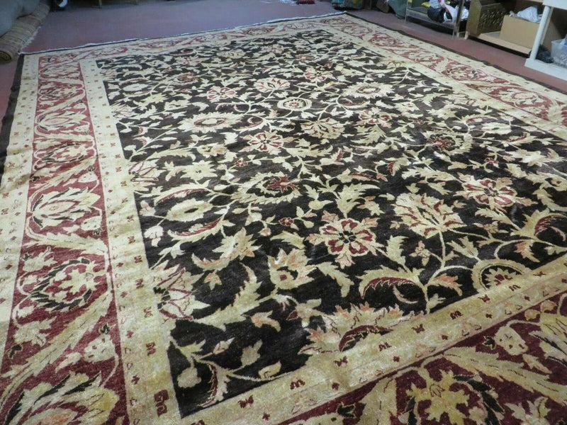 11' X 15' Vintage Hand Knotted Indian Agra Wool Rug Hand Made Dark Brown Floral by Jewel Rugs