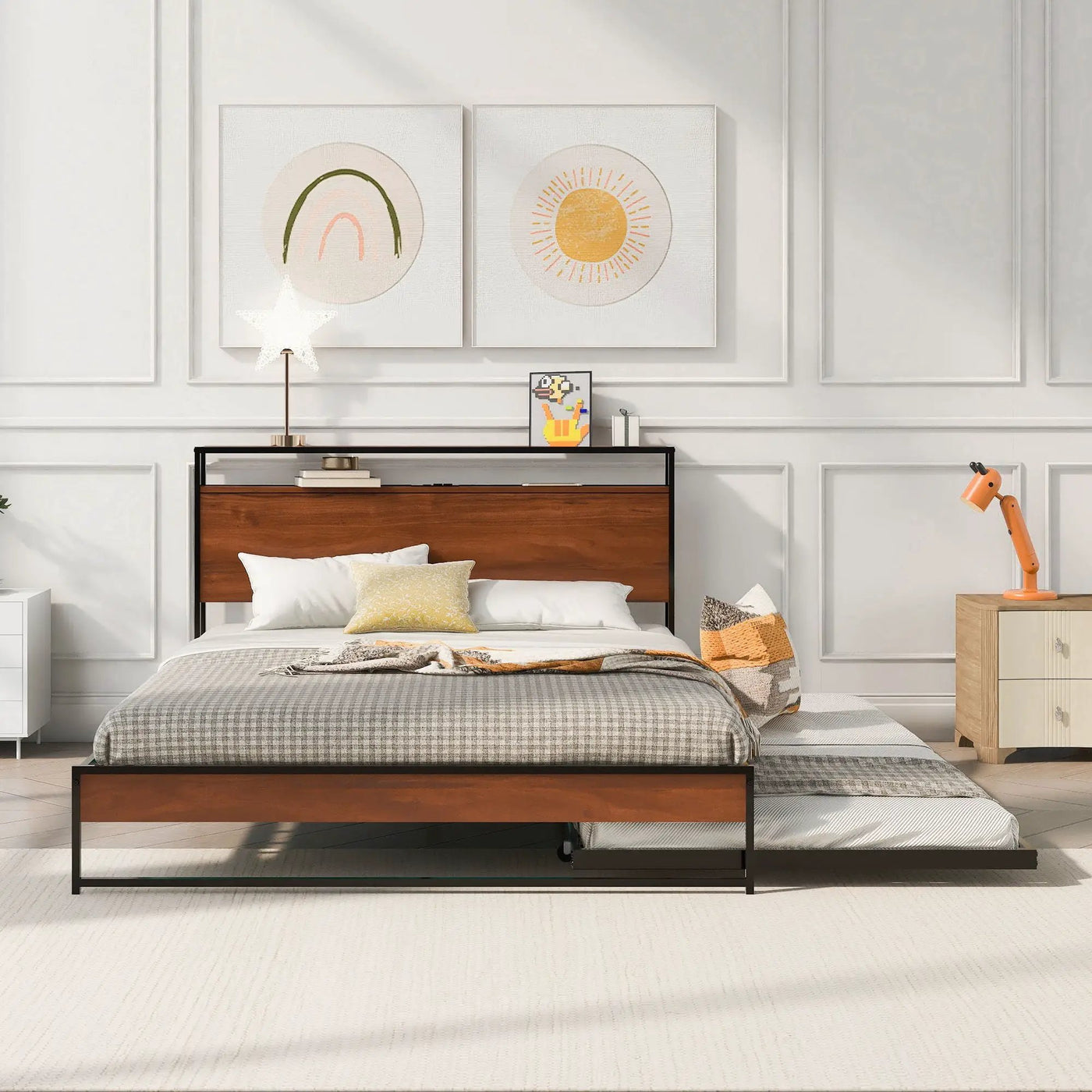 Platform Bed Frame With Trundle, USB Ports And Slat Support, No Box Spring Needed by Unique Piece Furniture