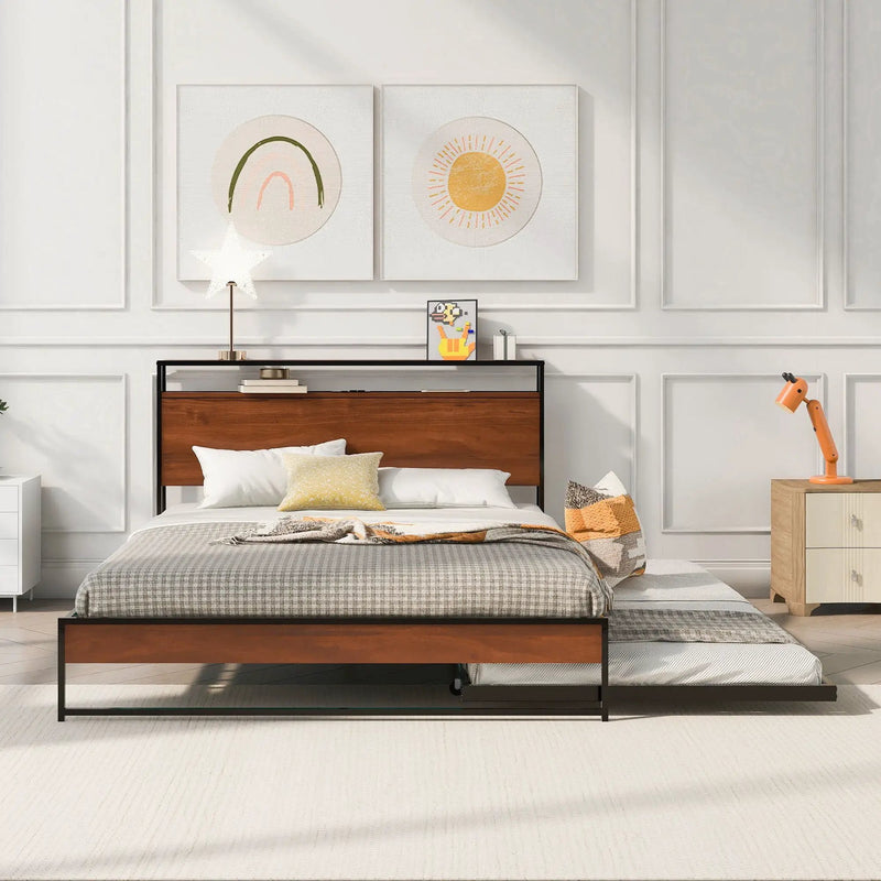 Platform Bed Frame With Trundle, USB Ports And Slat Support, No Box Spring Needed by HouseOfZazla