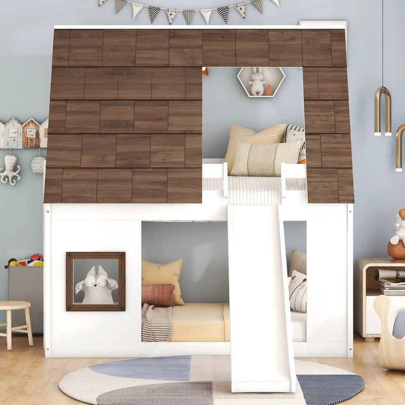Wood Twin Size House Bunk Bed With Roof, Ladder And Slide - White / Brown by HouseOfZazla