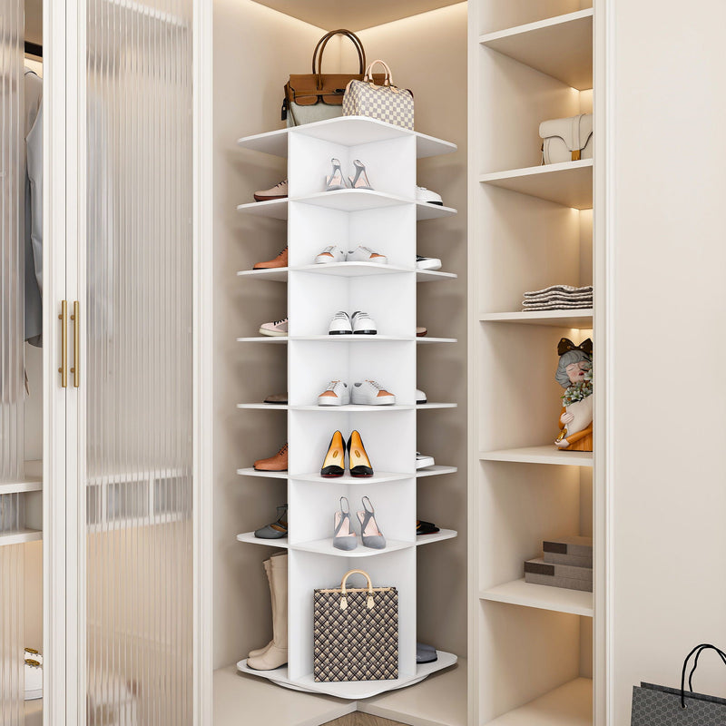 7 Tier Square Rotating Shoe Rack Tower With 360° Spinning Organizer - White by HouseOfZazla