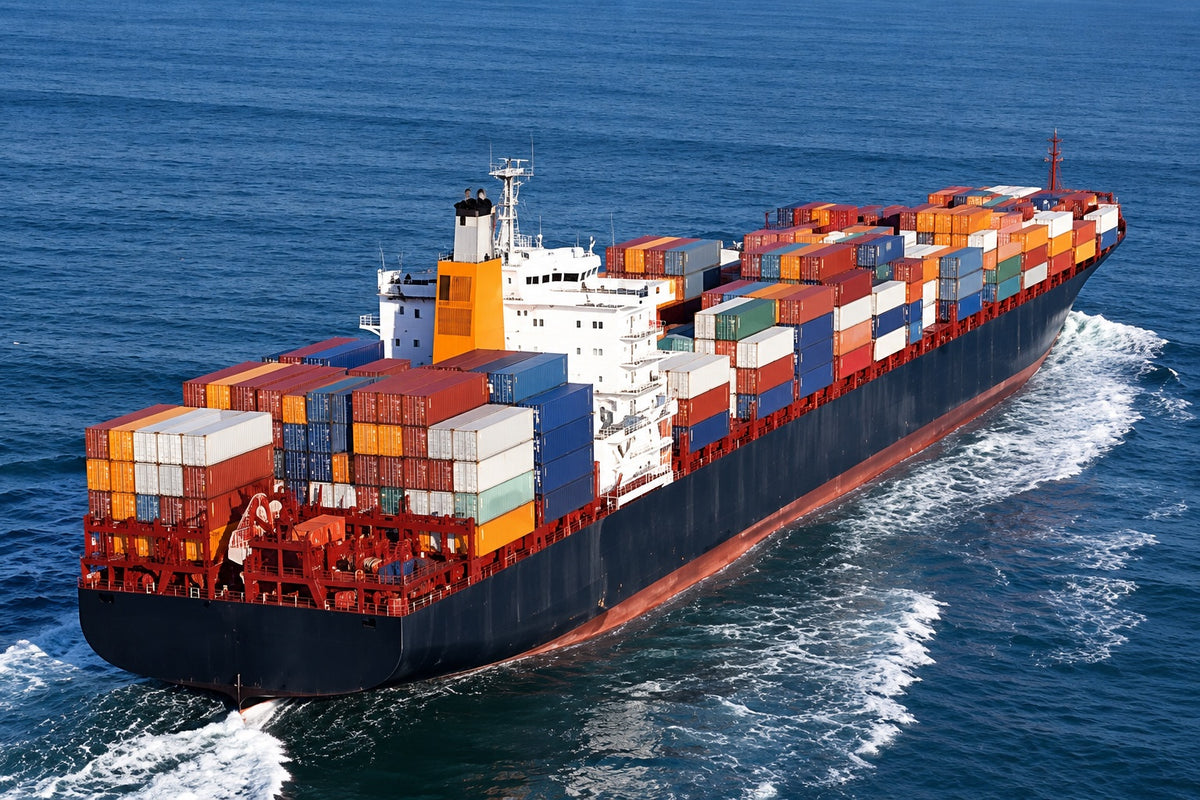 Container ship loaded with shipping containers crossing the open sea